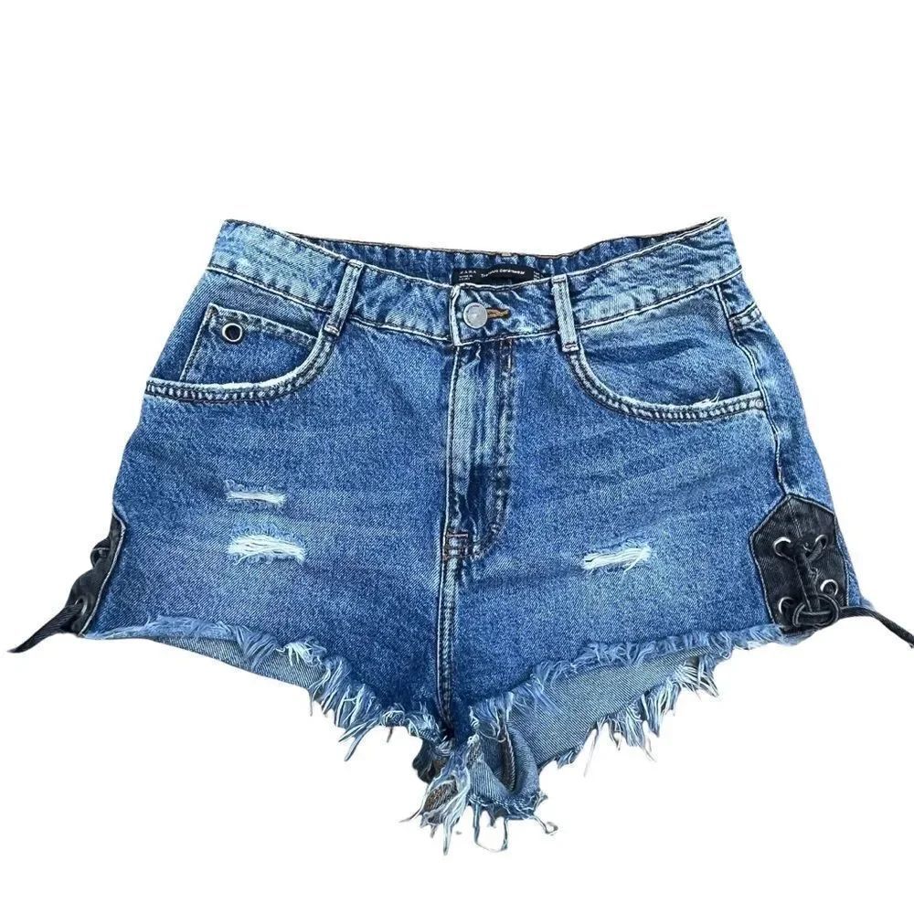 Zara Trafaluc Mixed Wash High Rise Denim Cut Off Shorts 6